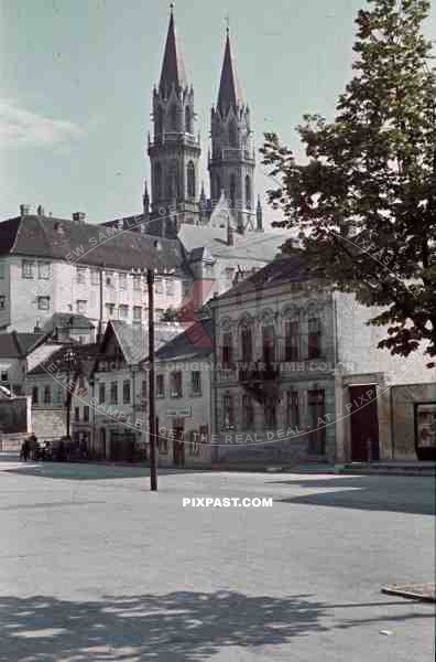 WW2 color Cathedral Austria 1940 town shops market