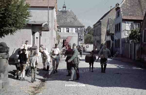 WW2 color german soldiers doing cleaning duty in white overalls wiesbaden 1939