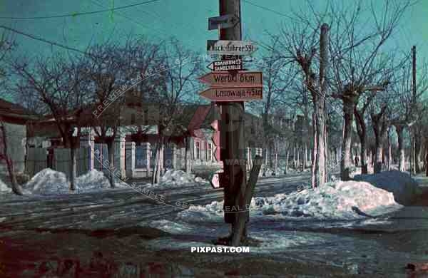 WW2 Color German wehrmacht army road signs village street town Ukraine 1942 winter snow