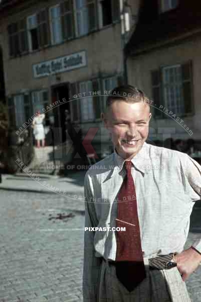 WW2 color Germany 1939 Stuttgart young german man in business suite tie hotel
