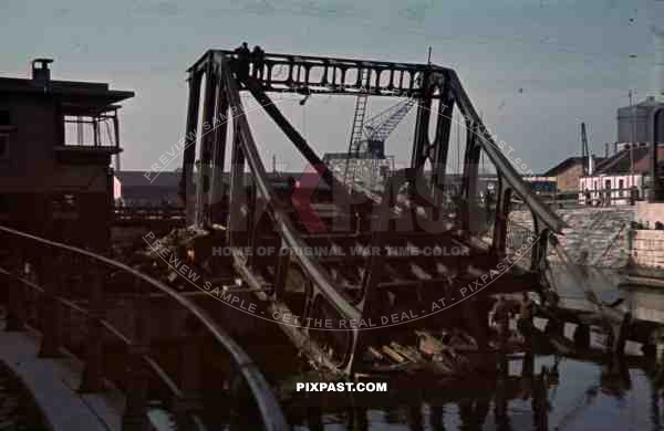 WW2 Color Ghent Belgium Stuka Bombed Harbour Bridge crane engineers 1940 