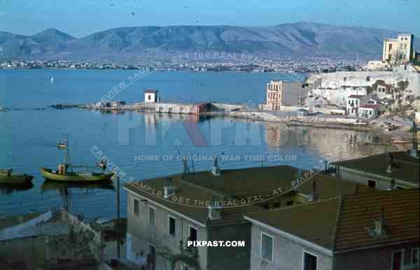 WW2 color Greek fishing harbour church 1943 b