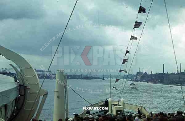 WW2 Color Hamburg Harbour Germany 1939 KDF Ship Robert Ley flags safety boats