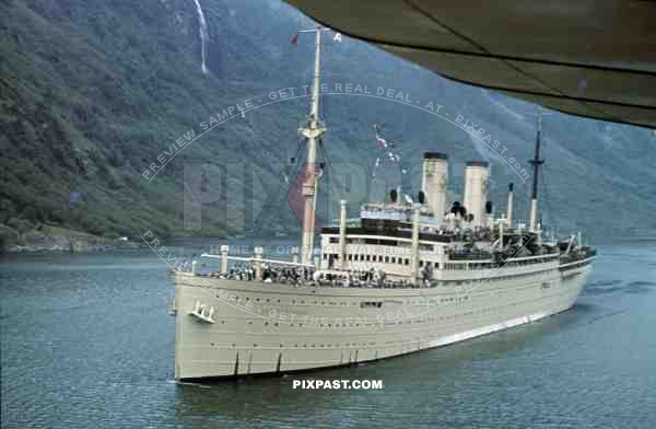 WW2 Color KDF Ship DER DEUTSCHE sailing Norwegian Fjord 1939 tourists holiday Norway