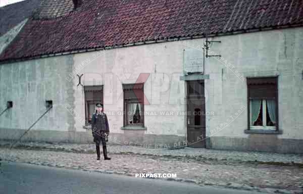 WW2 color Luftwaffe officer town village Belgium 1940