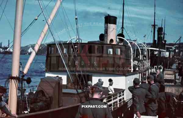 WW2 Color Norway 1940 Cargo Boat Harbour Fjord German Military supplied petrol soldiers Norway Flag Ship BODIN 
