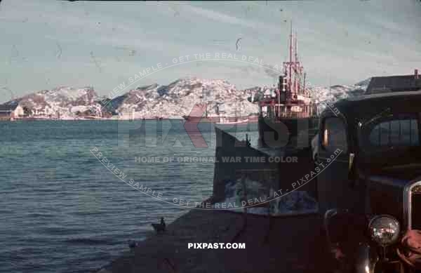 WW2 Color Norway 1940 Cargo Fishing Boats Ships supply harbour snow tractor truck 