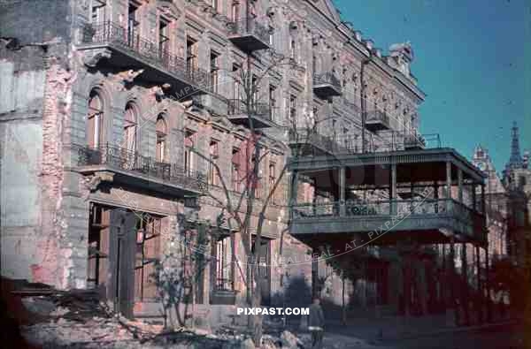 WW2 Color Poland Krakow 1940 Occupied Bombed Destroyed streets city centre Hotel Shops.