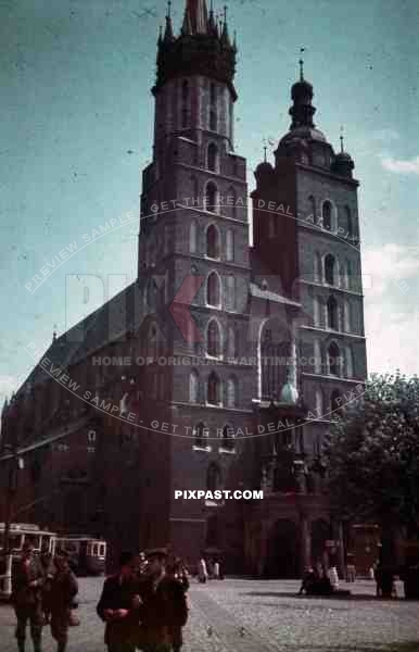 WW2 Color Poland Krakow 1940 St. Marys Basilica / Church, market, civilians Trams
