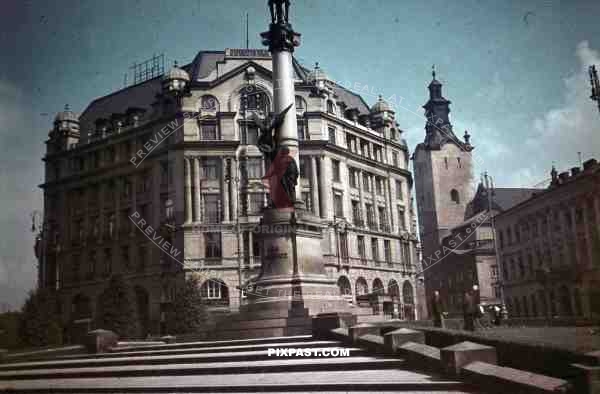 WW2 Color Poland Krakow 1940 Town center Hotel Monument