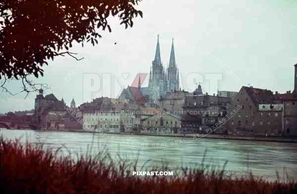 WW2 color Regensburg town church river 1940