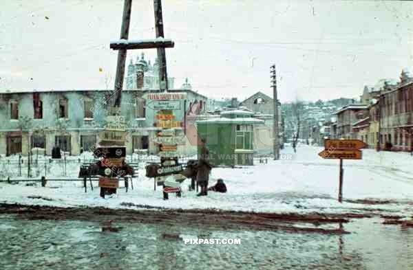 WW2 color road signs Dorogobuzh Smolensk Oblast Russia 1942 winter Feldlazarett 