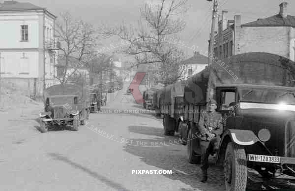 WW2 color Russia summer 1942 austrian supply truck column wehrmacht town