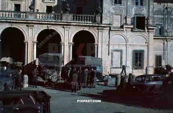 WW2 color Sicily 1943 Luflotte Luftwaffe 2 headquarters staff cars hotel trucks officers