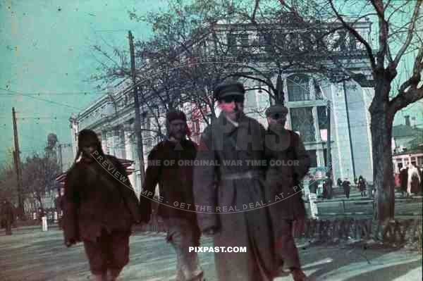 WW2 Color Ukraine 1942 Peasents Town POW Trams communist building