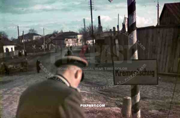 WW2 Color Ukraine German army officer enters village town of Krementschug