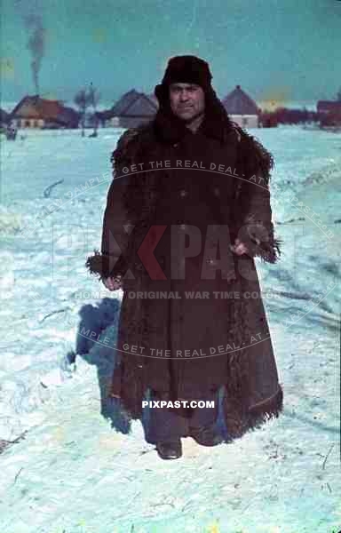WW2 Color Ukranian farmer peasant in winter jacket portrait snow Ukraine 1942