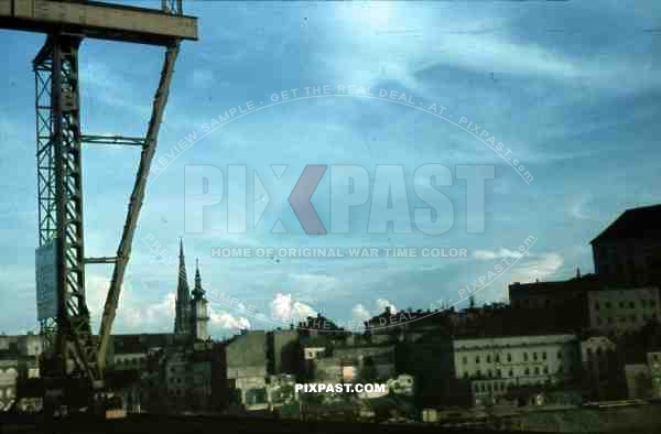 WW2 color Wels Austria 1939 town church crane
