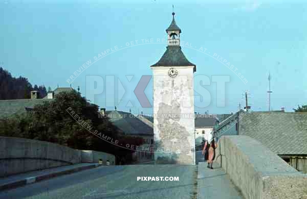 WW2 color Wels Austria town church bridge civilians 1940