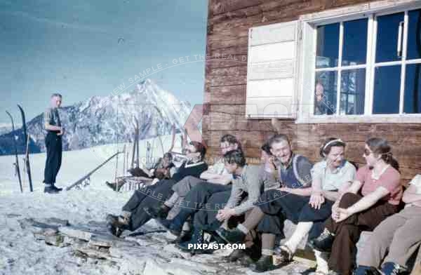 WW2 color Wels Austria winter 1939 ski sports women hut house