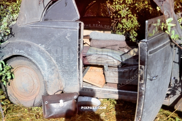 1938 Opel Super 6 Cabriolet staff car hidden in bushes in Russia 1941. 297 Infantry Division