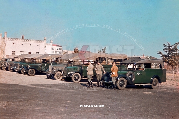 Berlin Polizei police with Mercedes Opel transport buses in green. Police Kaserne Barracks Berlin 1940