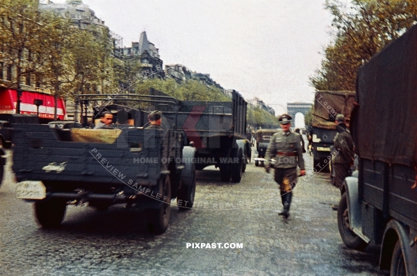 Captured British Bedford truck driving down the Champs Elyseesin occupied Paris France 1940. 6. Infantry Division