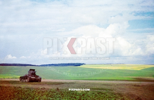 Captured light  Russian T26 panzer tank. 1933 version with cylindrical turret. outskirts of Smolensk. Russia  July 1941