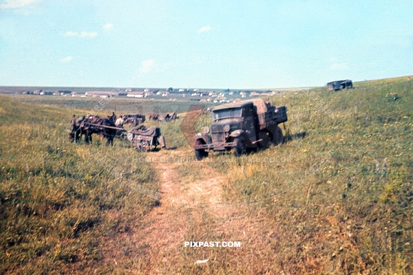 Captured Russian army GAZ truck. Fields on outskirts of Stalingrad 1942. 297 Infantry Division