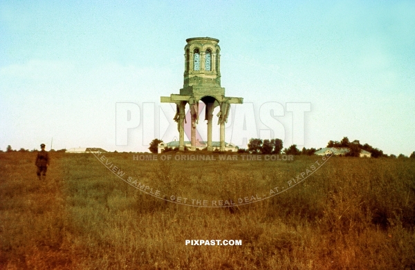 Destroyed Orthodox Russian Church near Smolensk 1942, German officer in field