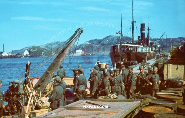 German army mountain troops Gebirgsjager boarding the Norwegian steel screw steamer BODEN. Tromso Norway 1940