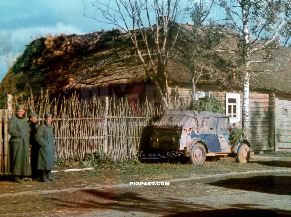 German army Stoewer Typ 40 Kfz.1 Jeep parked outside of Smolensk Russia September 1941