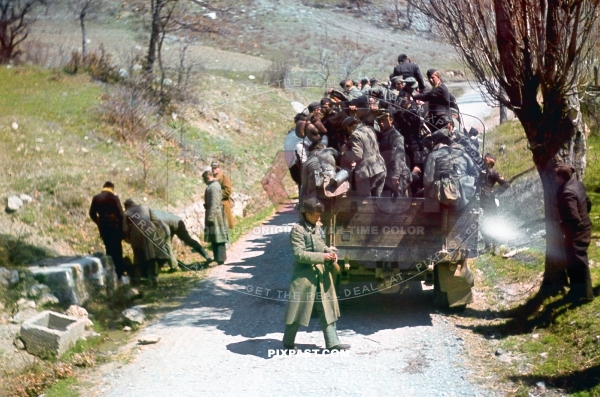 German army with Romania army transported on opel army truck. Retreat from Russian advane. April 1944. Romania.
