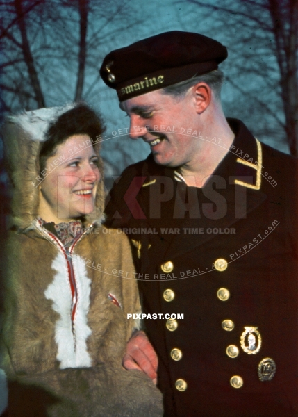 German Kriegsmarine sailor in uniform visits girlfriend in Rostock Germany 1942. Sports badge. Minesweeper Badge