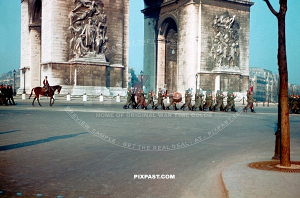 German Wehrmacht army music band marching in parade through Paris France. Arc de Triomphe. France 1940