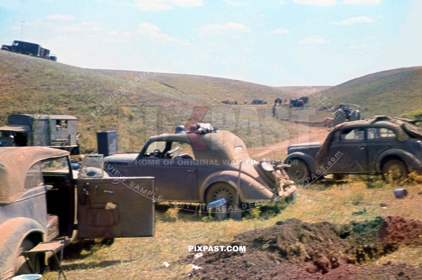 Mercedes Opel Staff car in FUNKER signal radio unit. On outskirts of Stalingrad. Russia 1942. 297 Infantry Division