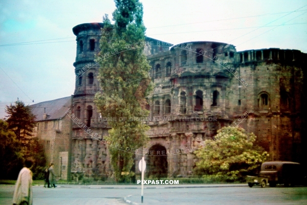 Porta Nigra. Trier Rheinland Pfalz. large Roman city gate in Trier, Germany. It is a UNESCO World Heritage Site. 1940