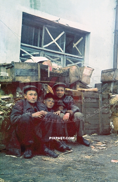 Russian homeless peasant boys sitting beside a waste heap near market in Smolensk. Russia 1942.