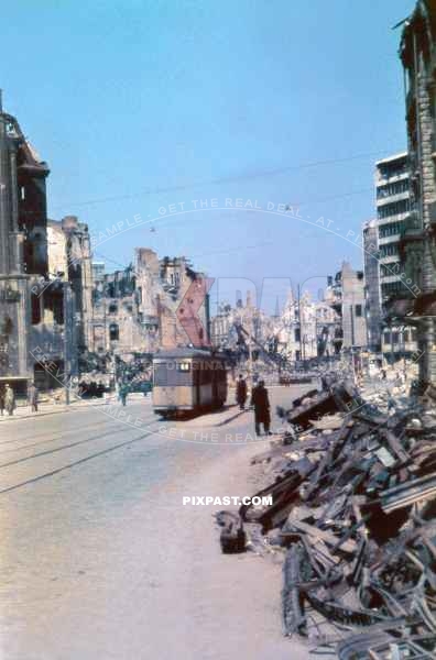 Tram Strassenbahn in rubble. Streseman Strasse. Former Hermann Goering Strasse.  Potsdamer Platz. Berlin 1946