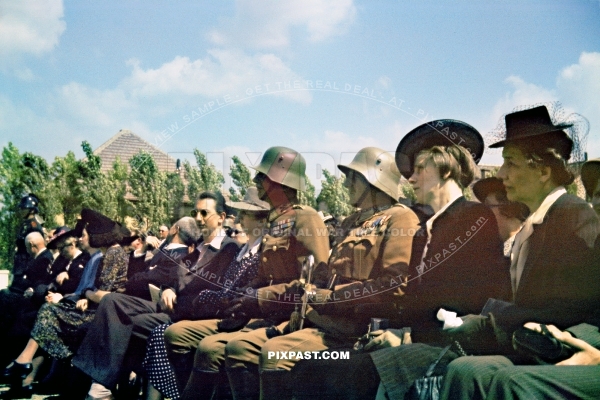 Unknown Hungarian army Lieutenant Colonel inspecting Hungarian troops near Budapest Hungary 1942