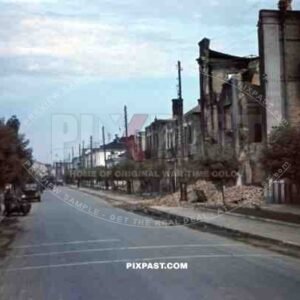 14th Panzer Division enters Riwne in Ukraine 1941. Soborna Street, Left is Riwne Cathedral