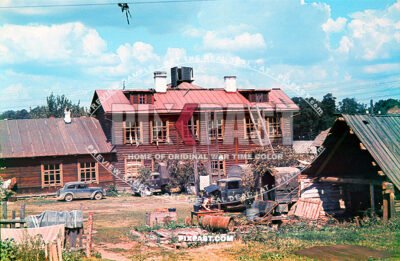 Germana army repair garage 17. Panzer Division with Opel Olympia car and Opel transport trucks. Repair engine in Russian village Orel Bolkhov