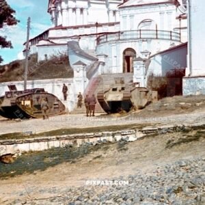 2 British WW1 tanks used by the Russians in first world war. Uspensky Cathedral Smolensk September 1941 Russia