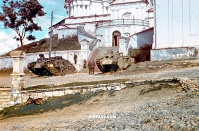 2 British WW1 tanks used by the Russians in  first world war. Uspensky  Cathedral Smolensk September 1941 Russia