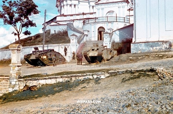 2 British WW1 tanks used by the Russians in first world war. Uspensky Cathedral Smolensk September 1941 Russia