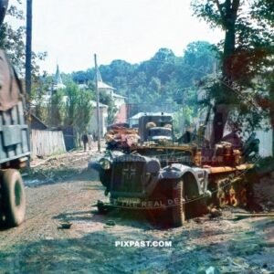 2 blown up German army half-track on drive to Stalingrad 1942. Russian aerial attack. 297 Infantry Division