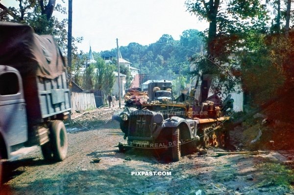 2 blown up German army half-track on drive to Stalingrad 1942. Russian aerial attack. 297 Infantry Division