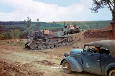 2 knocked out and burned German army Panzer 4 tanks. Opel Olympia staff car. Russia summer 1942. 297 Infantry.