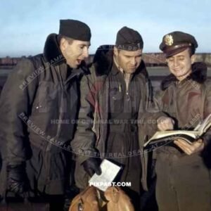 3 American USSAF pilots joking after a flight delivering food and coal to blockaded Berlin.  Fliegerhorst Fassberg June 1948