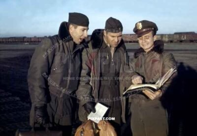 3 American USSAF pilots joking after a flight delivering food and coal to blockaded Berlin. Fliegerhorst Fassberg June 1948